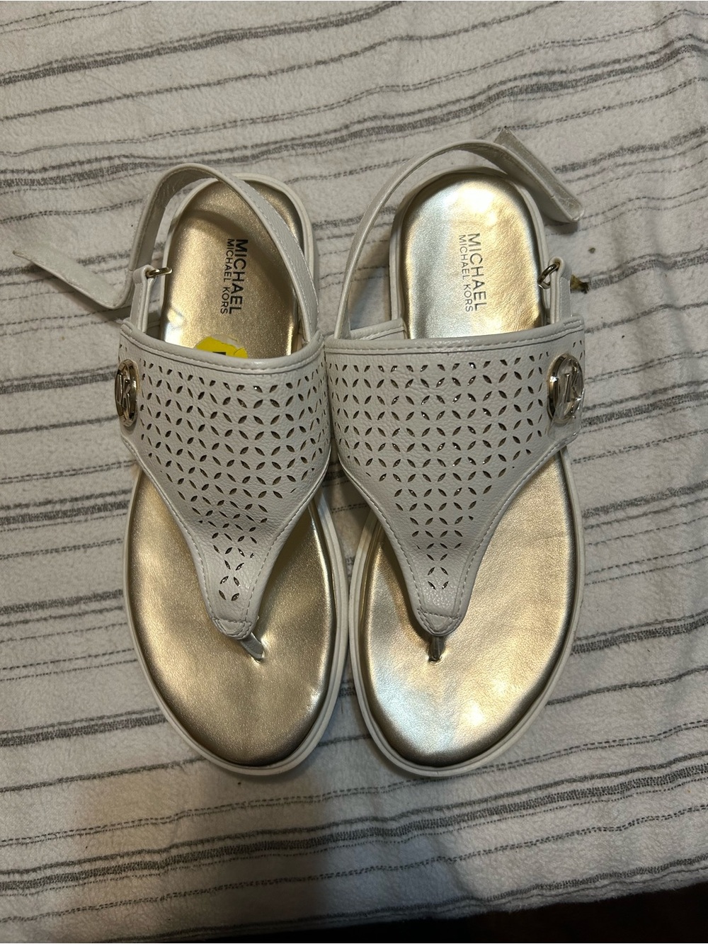 Michael Kors White Perforated Thong Sandals with Gold Accents
